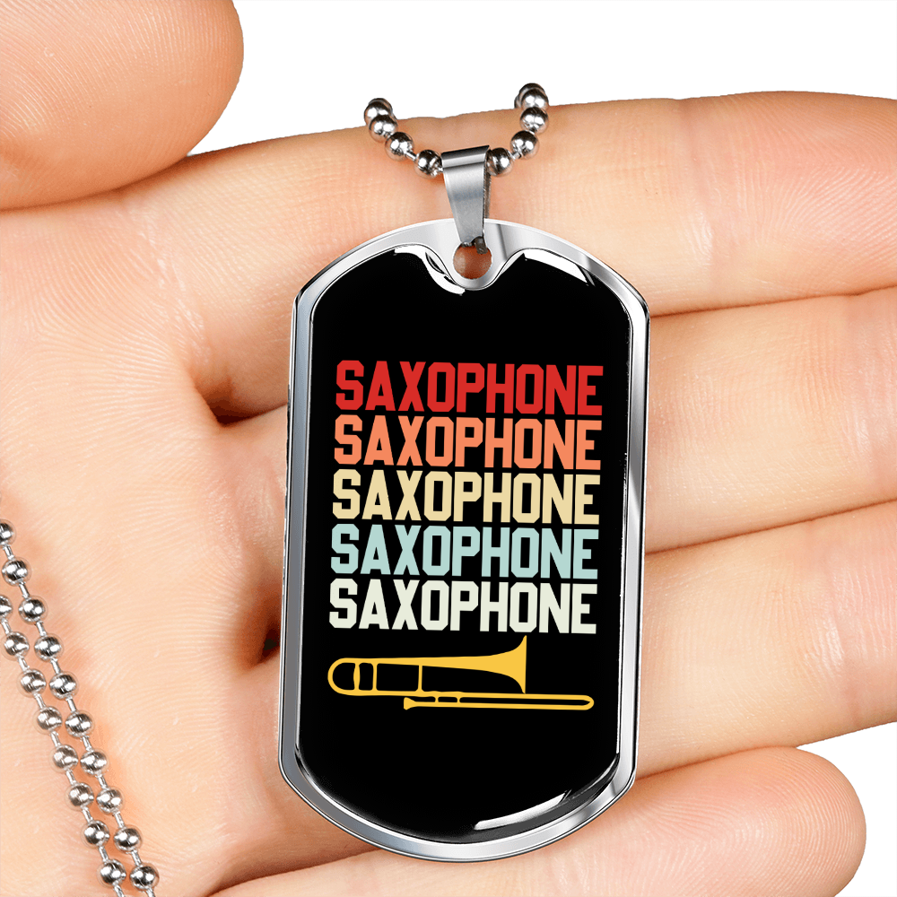 Musician Necklace Retro Saxophone Gold Necklace Stainless Steel or 18k Gold Dog Tag 24" Chain-Express Your Love Gifts