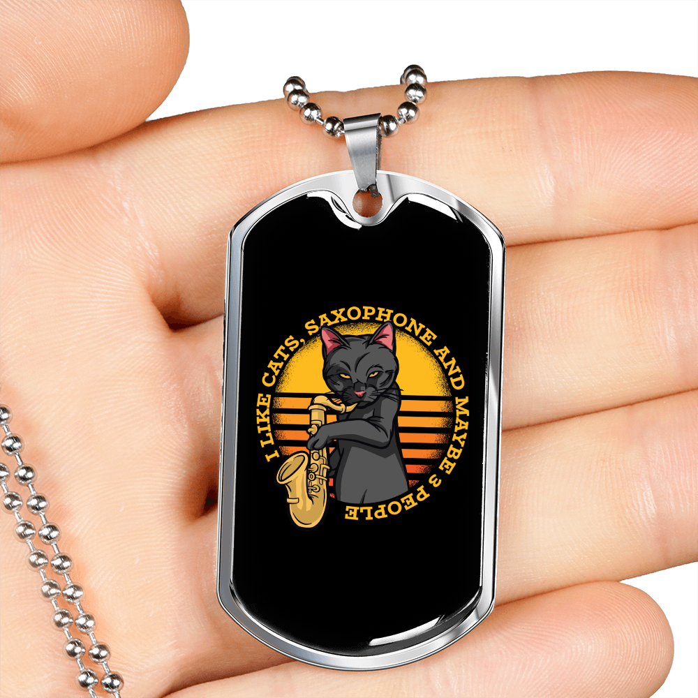 Musician Necklace Saxophone Cat Necklace Stainless Steel or 18k Gold Dog Tag 24" Chain-Express Your Love Gifts