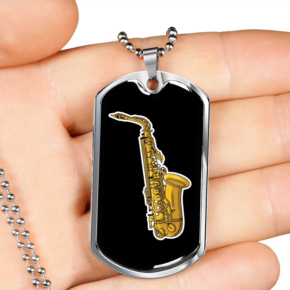 Musician Necklace Saxophone Necklace Stainless Steel or 18k Gold Dog Tag 24" Chain-Express Your Love Gifts