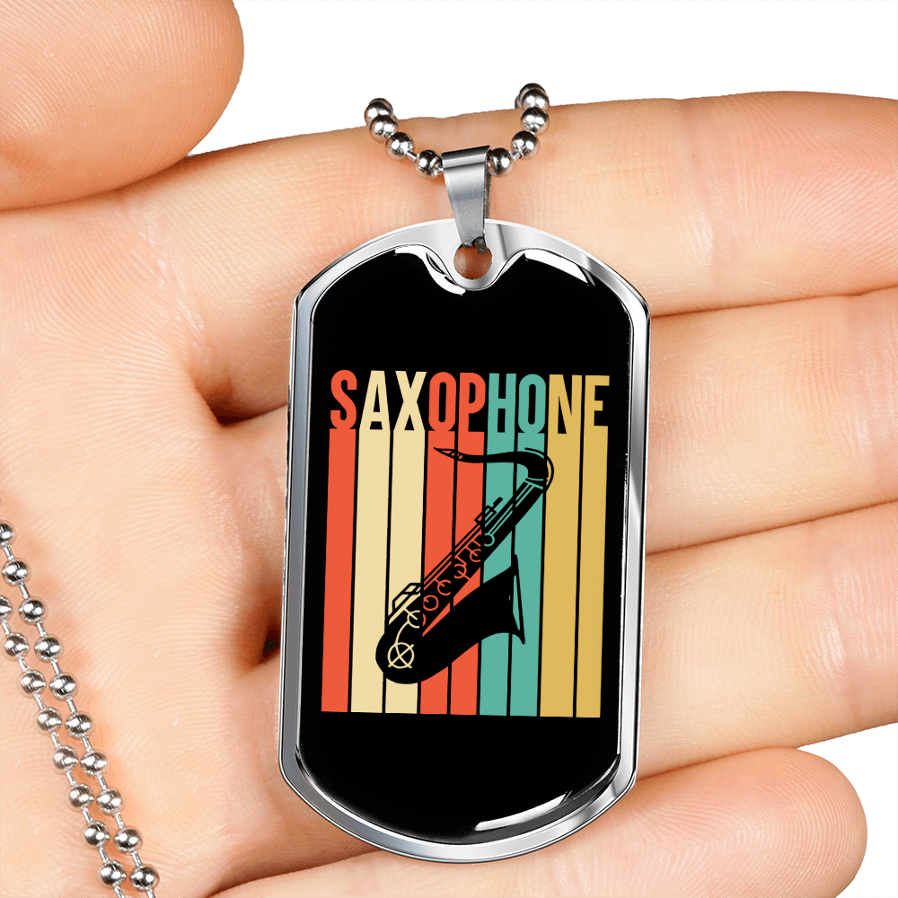 Musician Necklace Saxophone Retro Necklace Stainless Steel or 18k Gold Dog Tag 24" Chain-Express Your Love Gifts