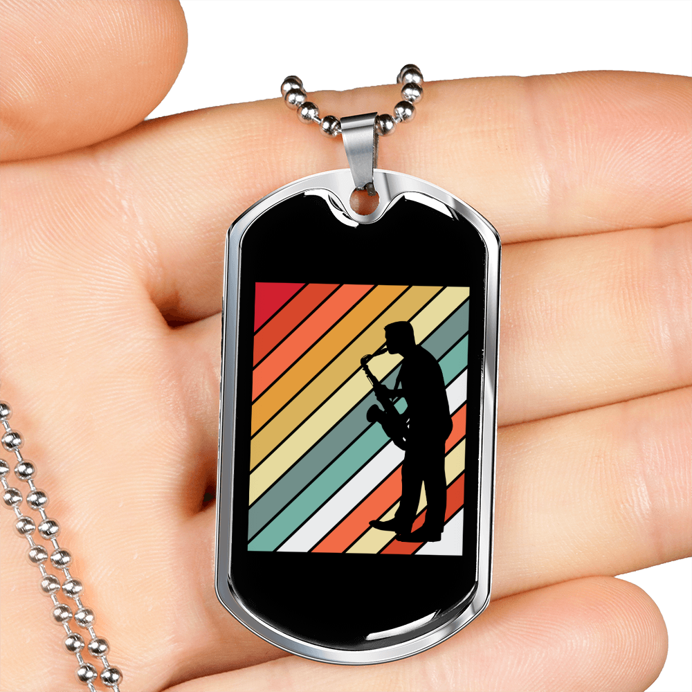 Musician Necklace Saxophone Retro Saxophonist Necklace Stainless Steel or 18k Gold Dog Tag 24" Chain-Express Your Love Gifts