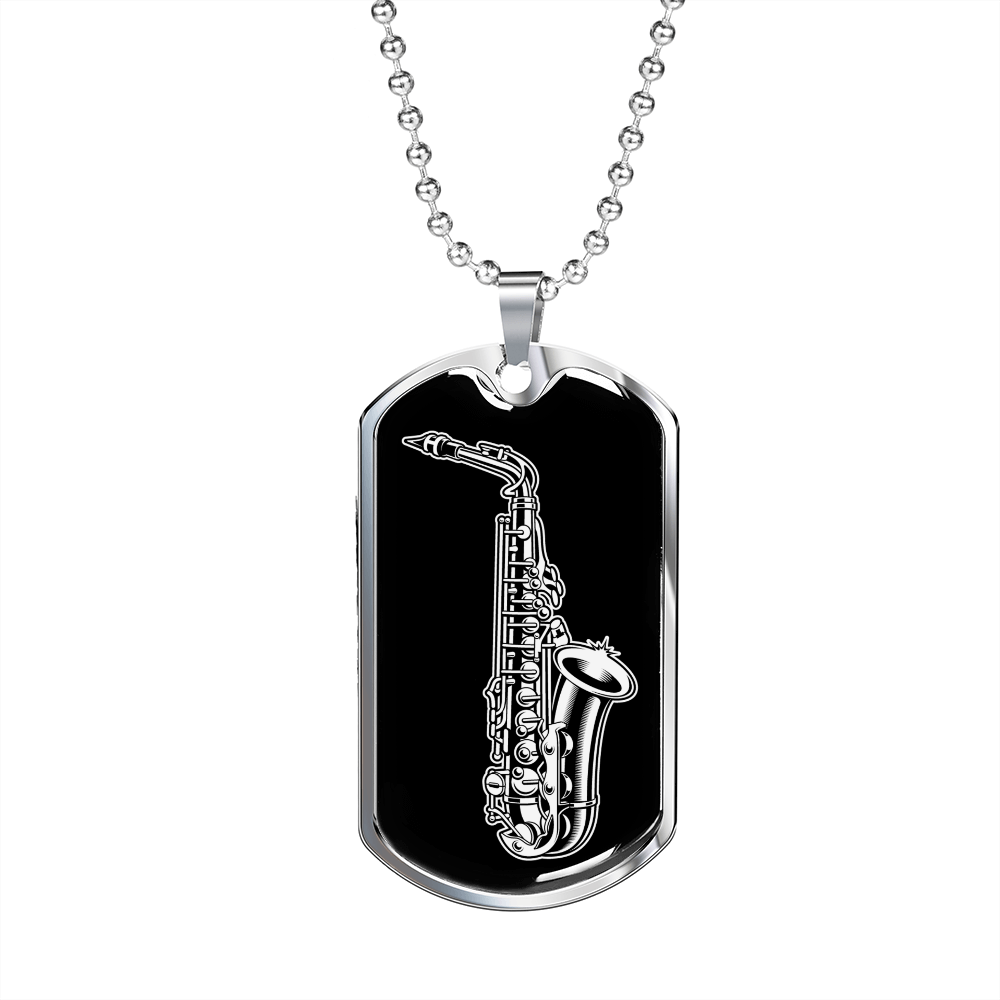 Musician Necklace Saxophone Silver Necklace Stainless Steel or 18k Gold Dog Tag 24" Chain-Express Your Love Gifts