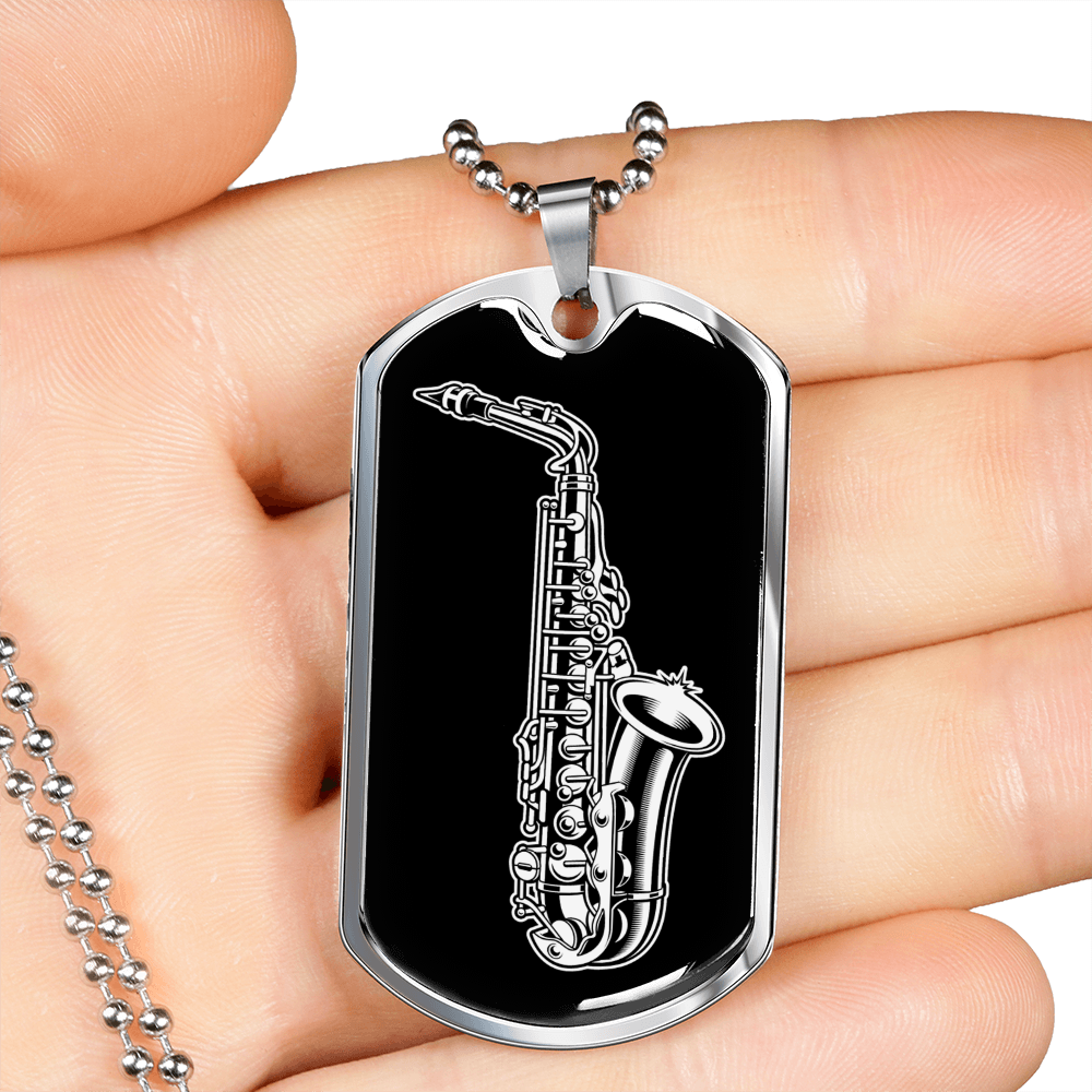 Musician Necklace Saxophone Silver Necklace Stainless Steel or 18k Gold Dog Tag 24" Chain-Express Your Love Gifts