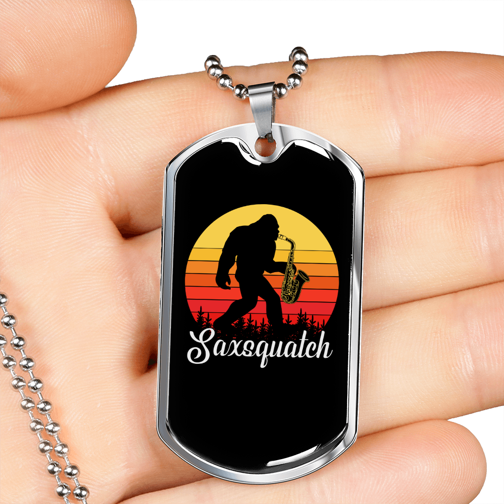 Musician Necklace Saxsquatch Necklace Stainless Steel or 18k Gold Dog Tag 24" Chain-Express Your Love Gifts