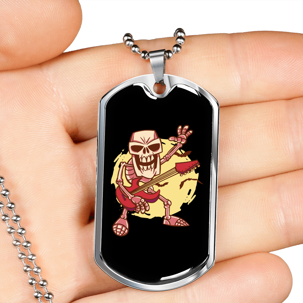 Musician Necklace Skeleton Guitarist Rocker Necklace Stainless Steel or 18k Gold Dog Tag 24" Chain-Express Your Love Gifts