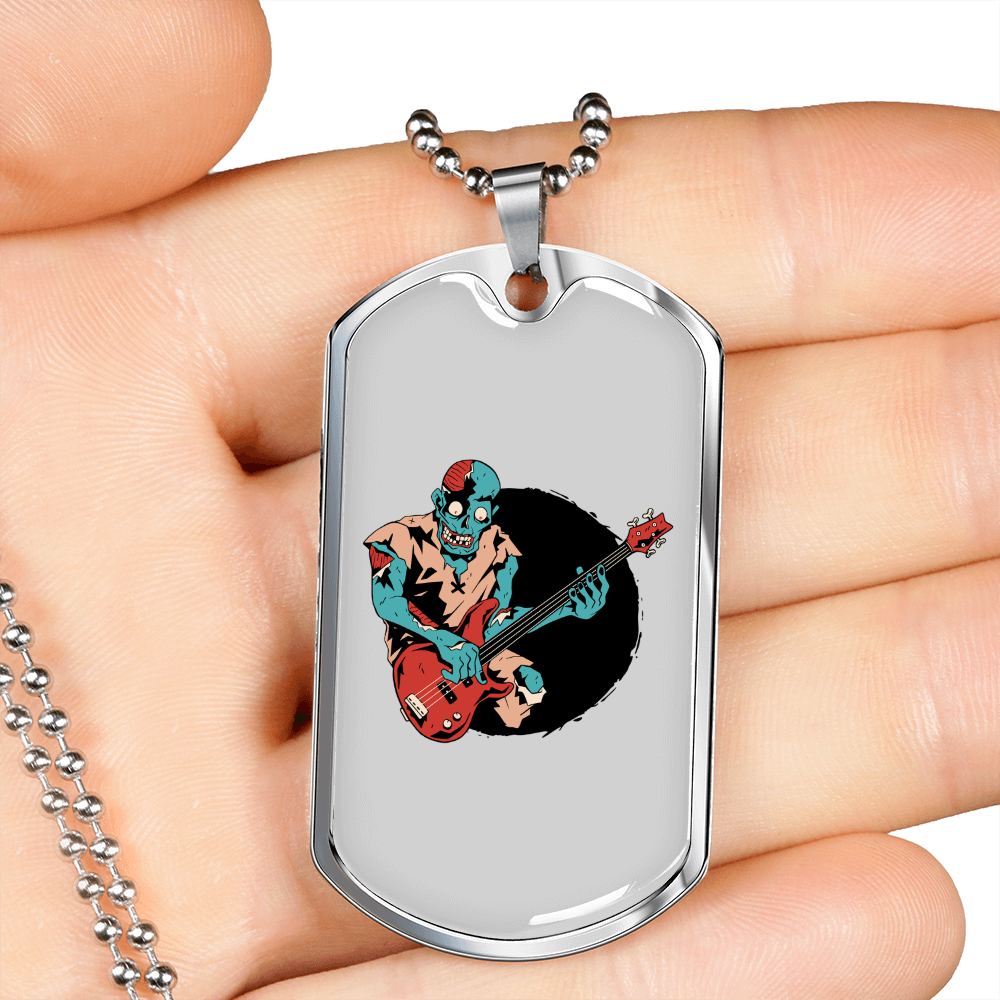 Musician Necklace Zombie Bass Guitarist Necklace Stainless Steel or 18k Gold Dog Tag 24" Chain-Express Your Love Gifts
