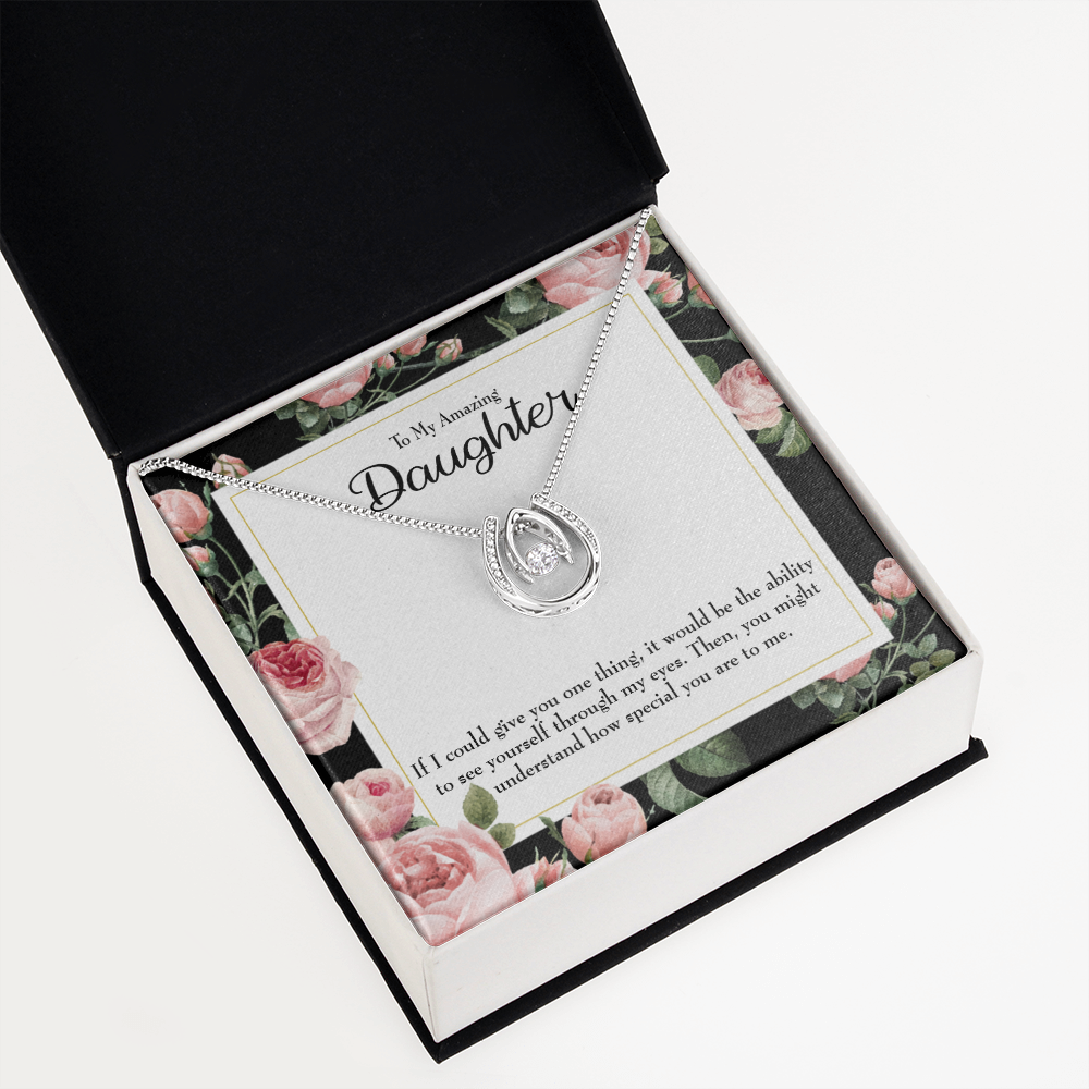 My Amazing Daughter Lucky Horseshoe Necklace Message Card 14k w CZ Crystals-Express Your Love Gifts