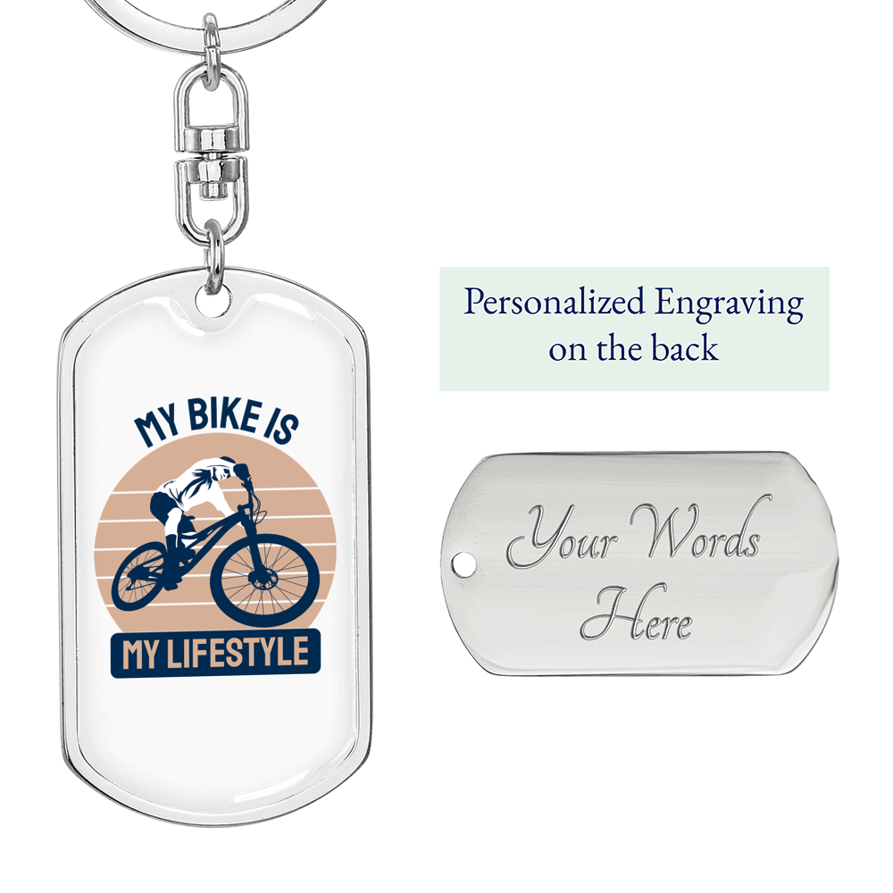 My Bike Is My Lifestyle Cycling Keychain Stainless Steel or 18k Gold Dog Tag Keyring-Express Your Love Gifts