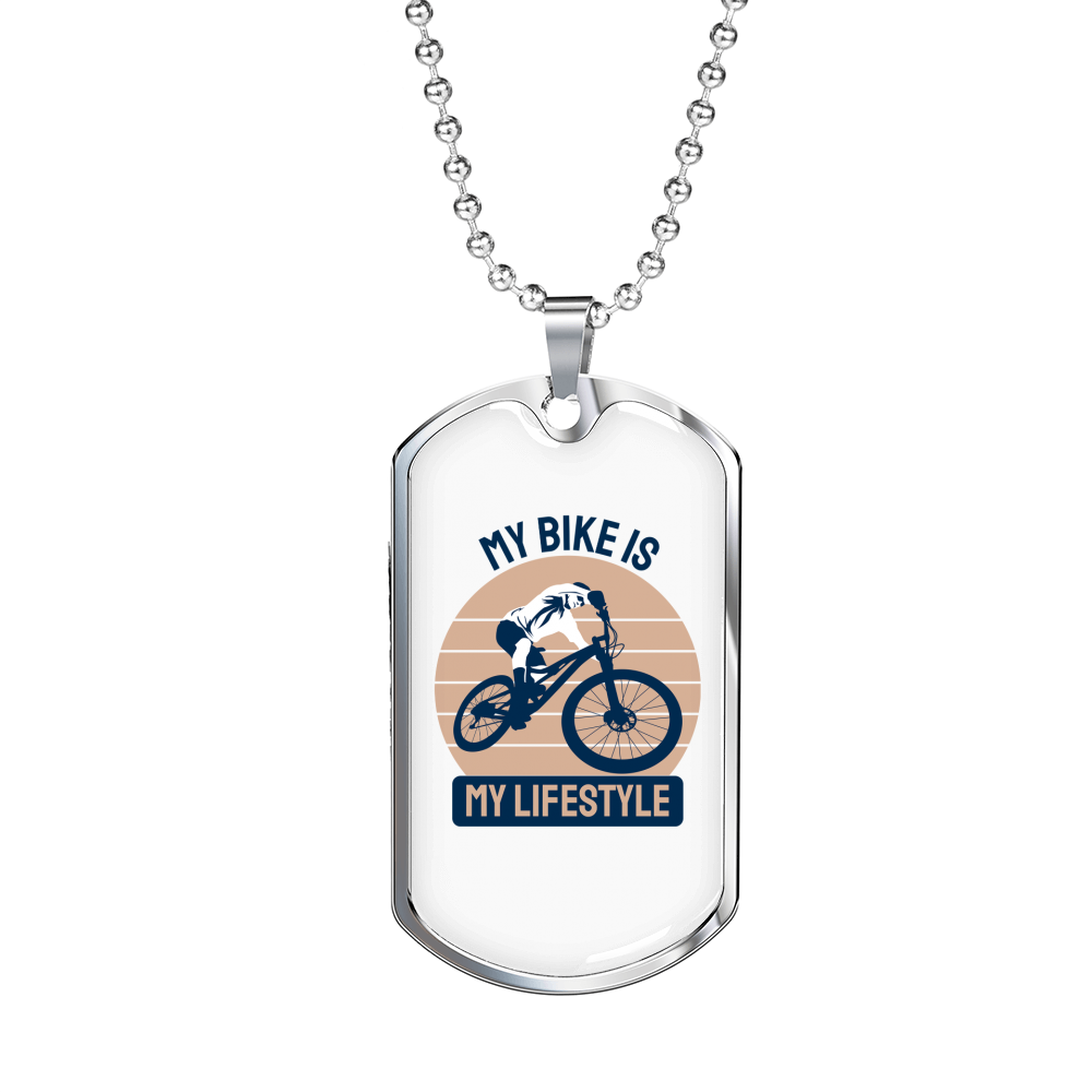 My Bike Is My Lifestyle Cycling Necklace Stainless Steel or 18k Gold Dog Tag 24"-Express Your Love Gifts