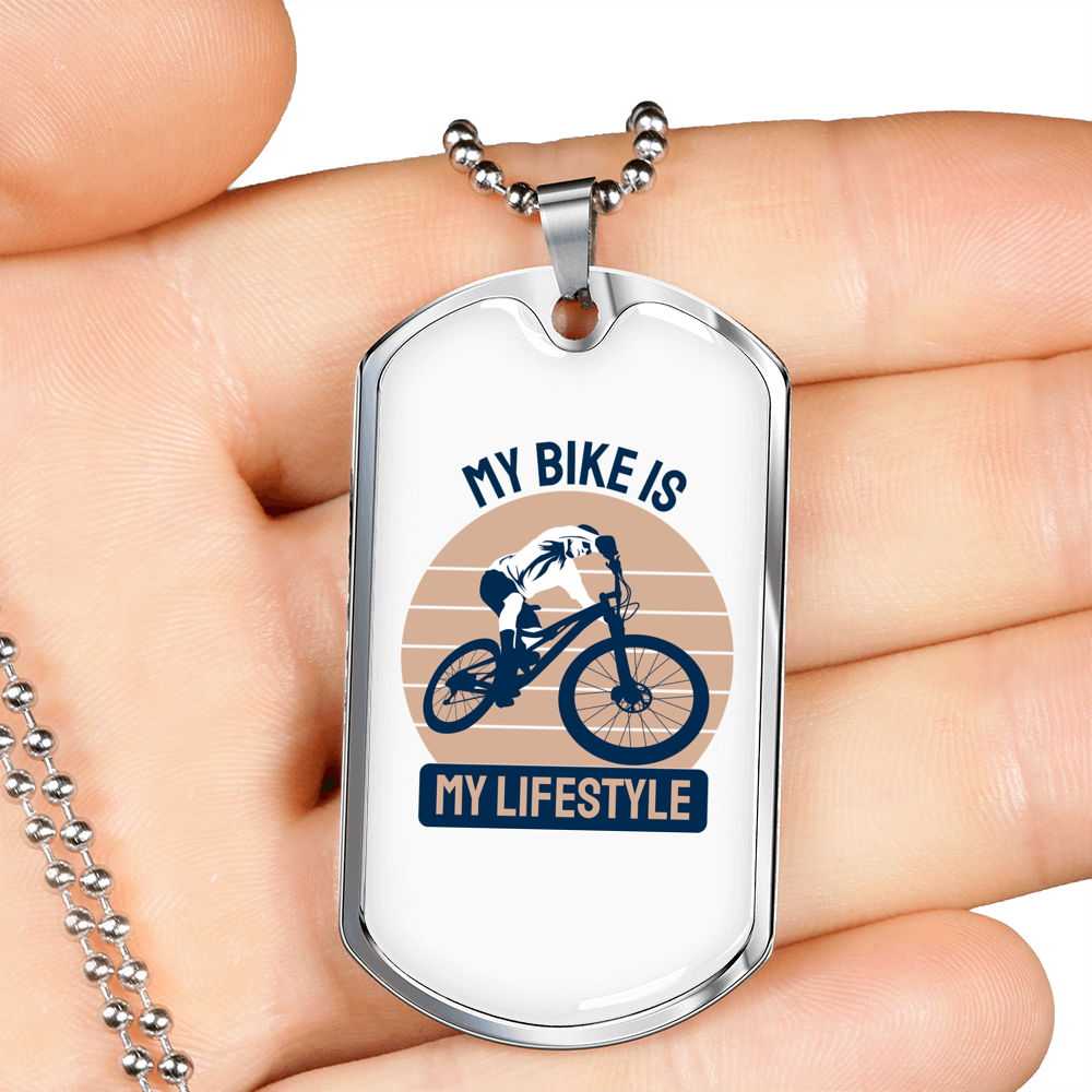 My Bike Is My Lifestyle Cycling Necklace Stainless Steel or 18k Gold Dog Tag 24"-Express Your Love Gifts