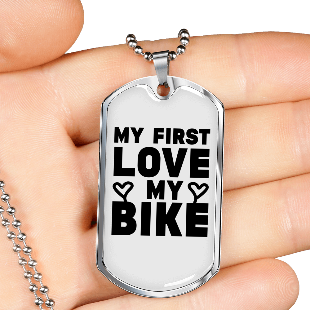 My First Love My Bike Biker Necklace Stainless Steel or 18k Gold Dog Tag 24"-Express Your Love Gifts