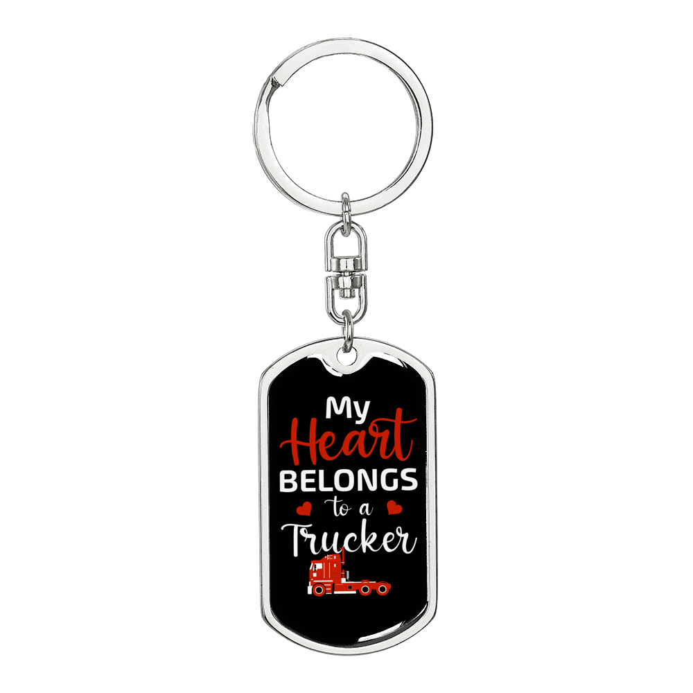 My Heart Belongs To A Trucker Swivel Keychain Dog Tag Stainless Steel or 18k Gold-Express Your Love Gifts
