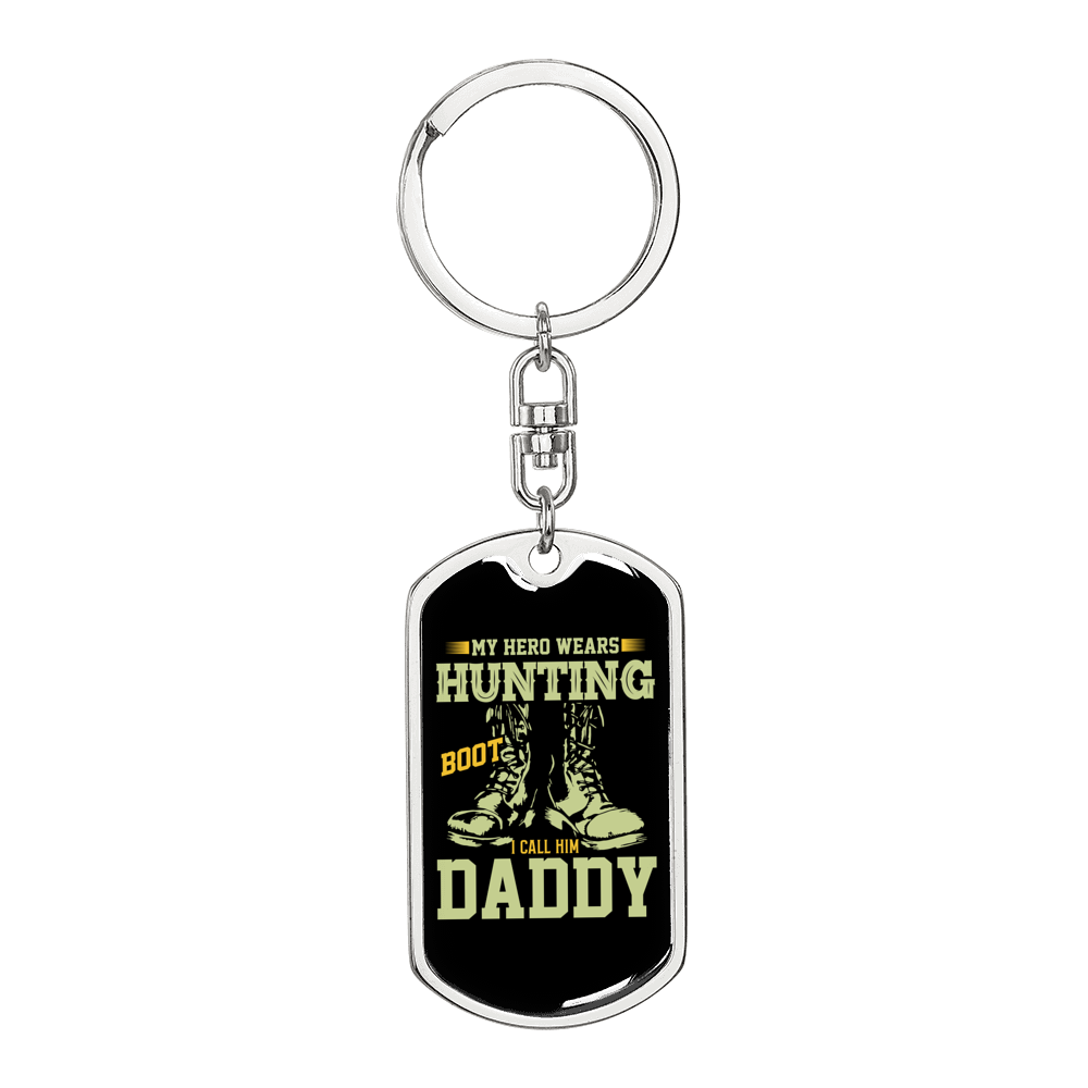 My Hero Wears Hunting Boots Keychain Stainless Steel or 18k Gold Dog Tag Keyring-Express Your Love Gifts