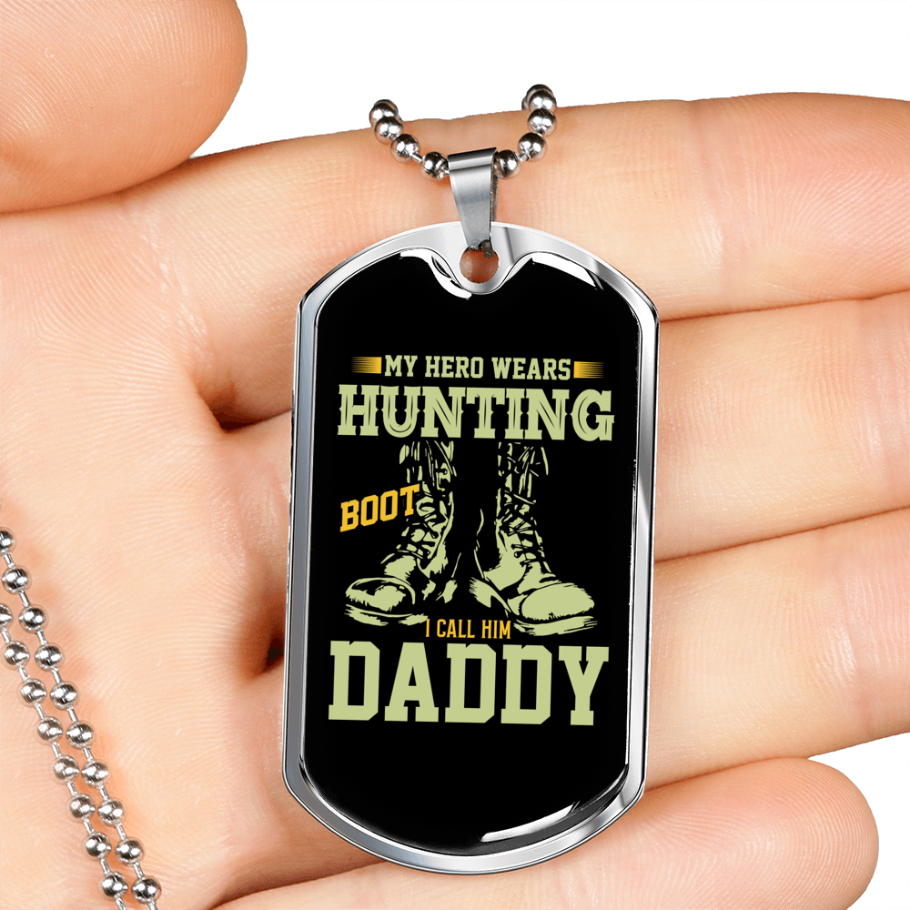 My Hero Wears Hunting Boots Necklace Stainless Steel or 18k Gold Dog Tag 24" Chain-Express Your Love Gifts