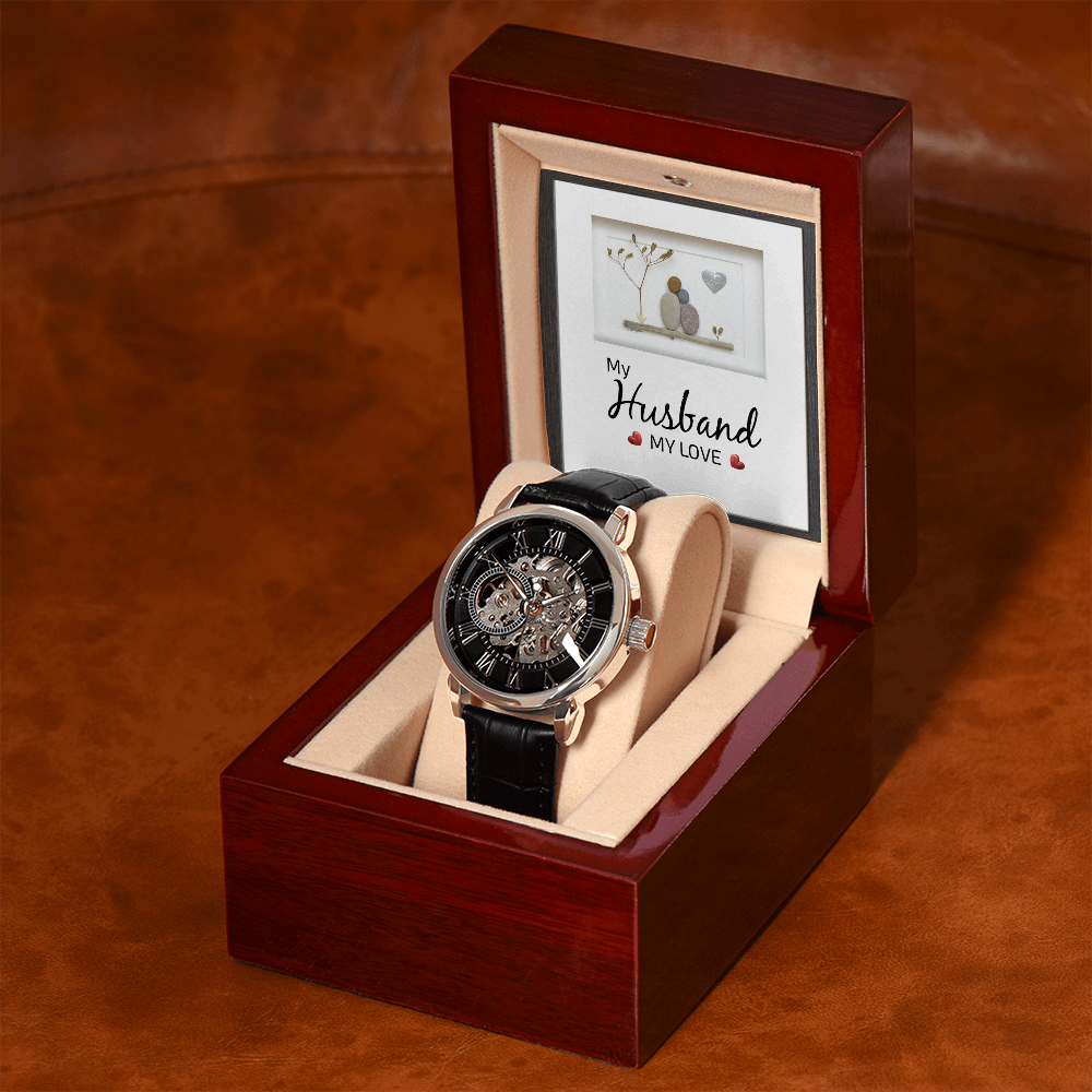 My Husband my Love Men's Openwork Watch With Mahogany Box-Express Your Love Gifts