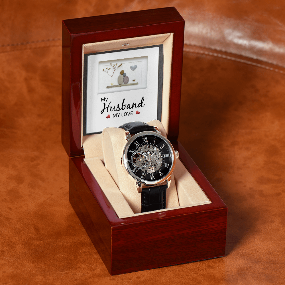 My Husband my Love Men's Openwork Watch With Mahogany Box-Express Your Love Gifts