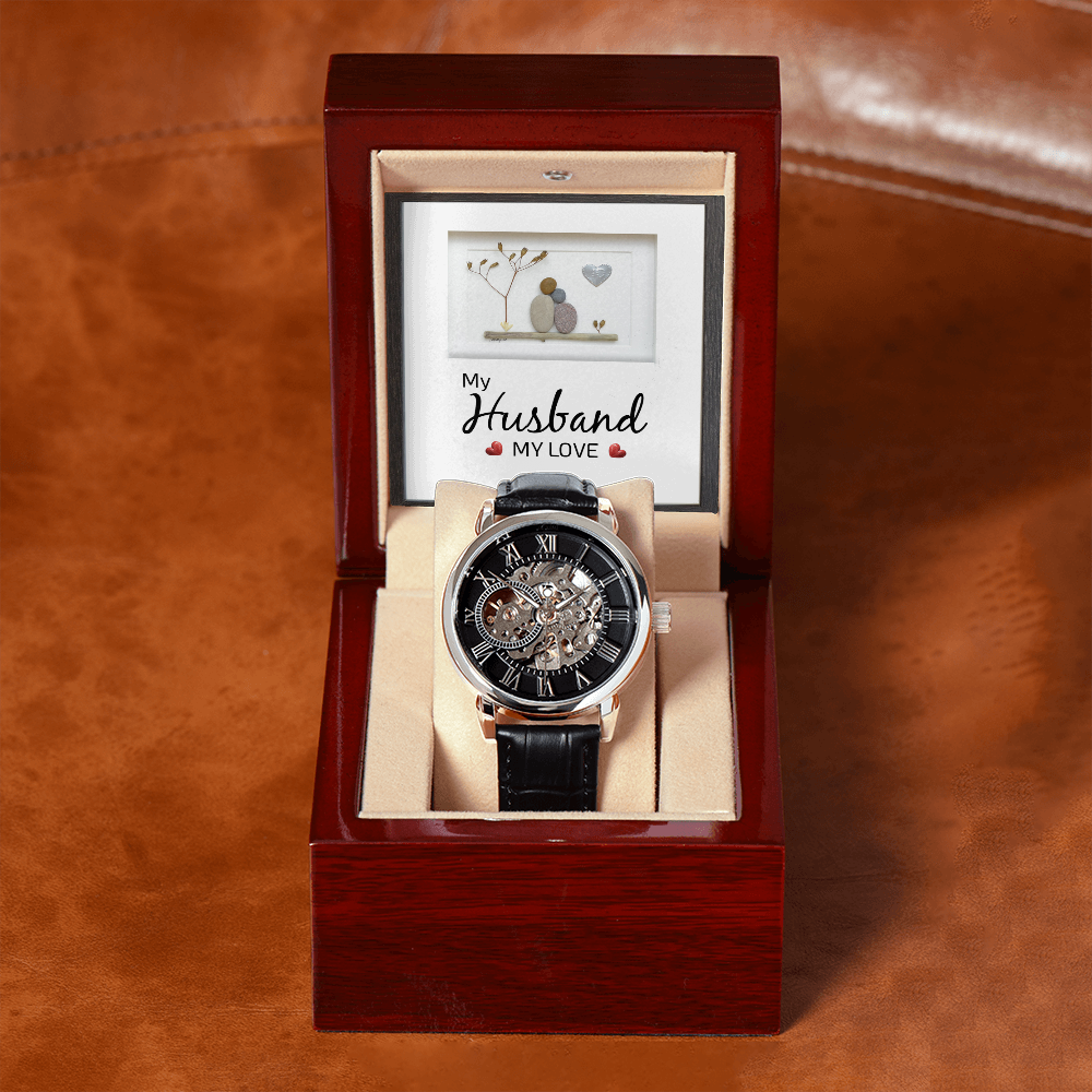 My Husband my Love Men's Openwork Watch With Mahogany Box-Express Your Love Gifts
