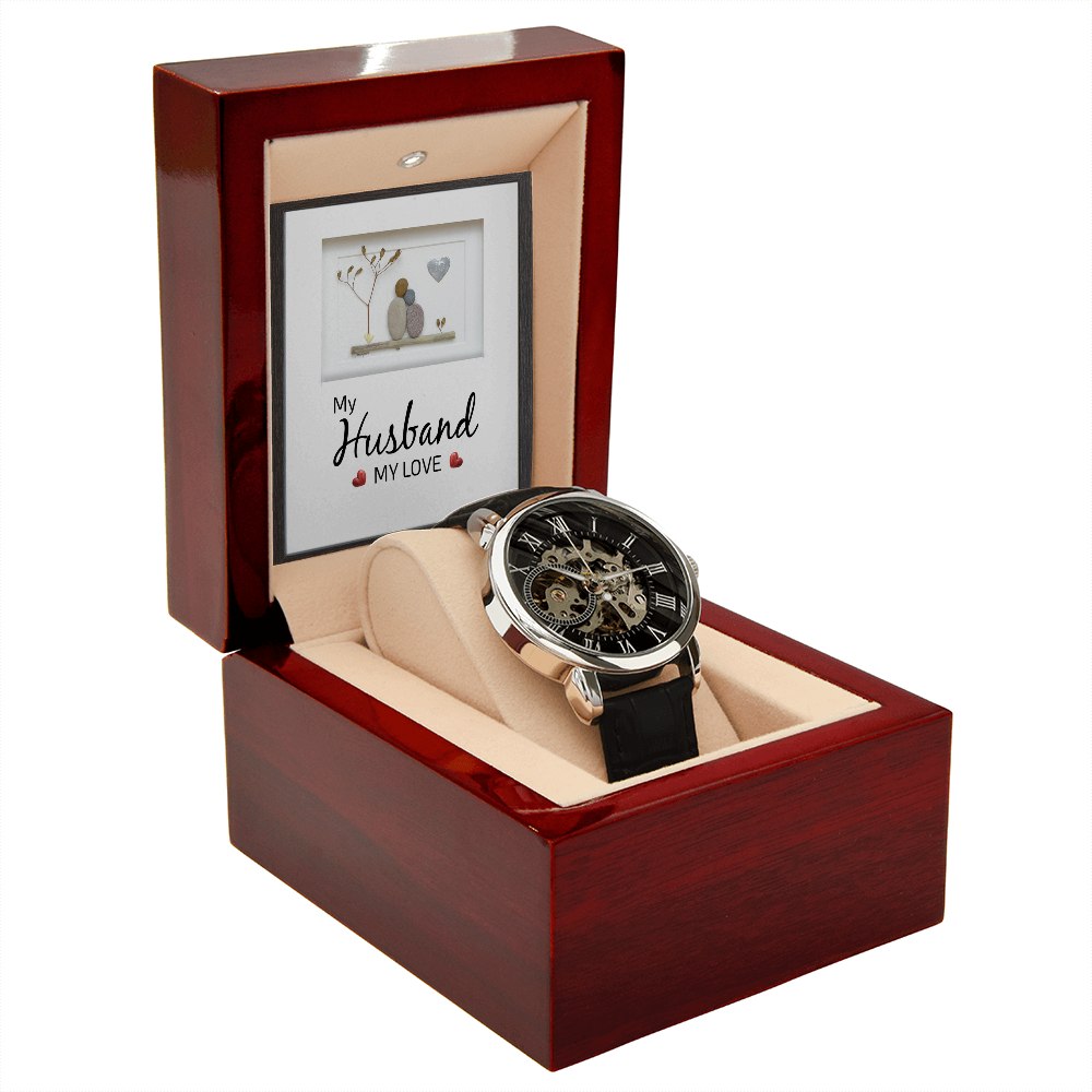 My Husband my Love Men's Openwork Watch With Mahogany Box-Express Your Love Gifts