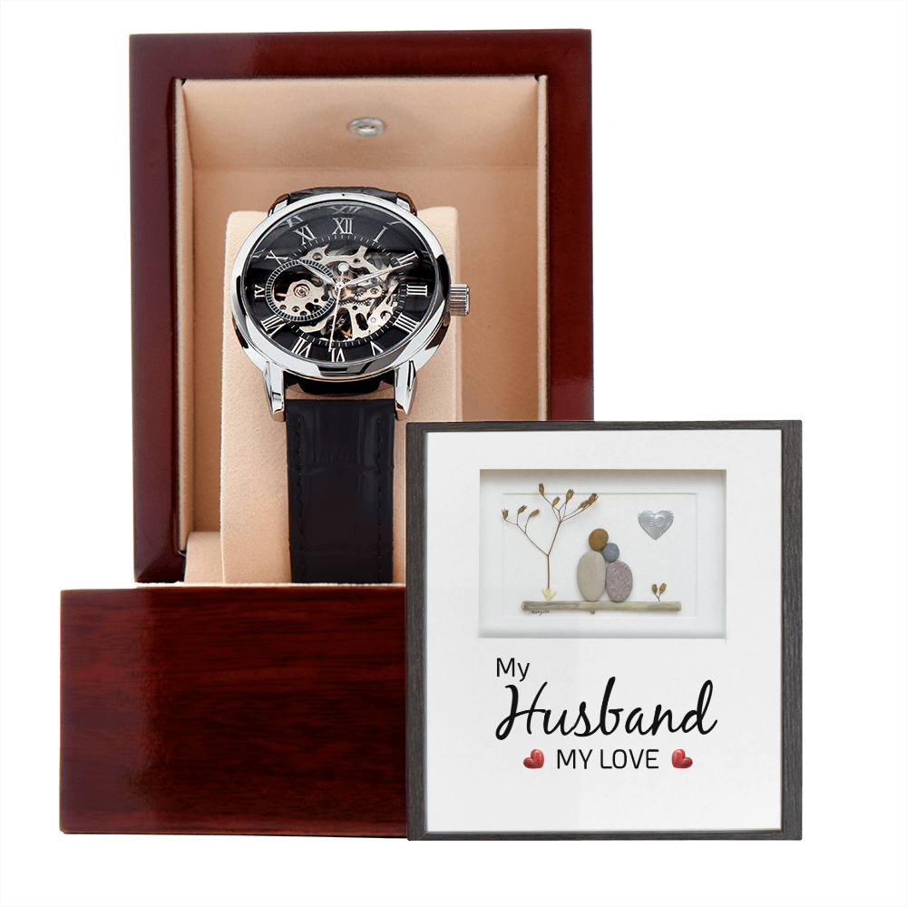 My Husband my Love Men's Openwork Watch With Mahogany Box-Express Your Love Gifts