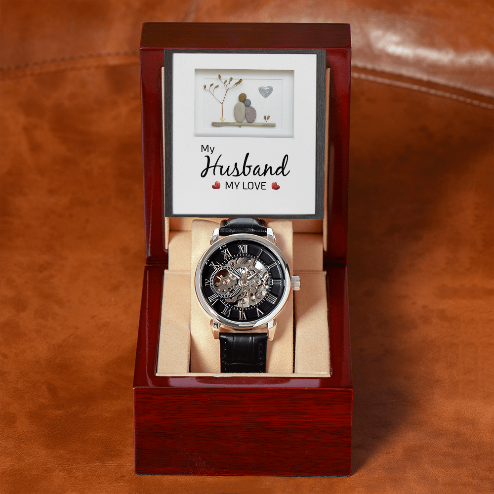 My Husband my Love Men's Openwork Watch With Mahogany Box-Express Your Love Gifts