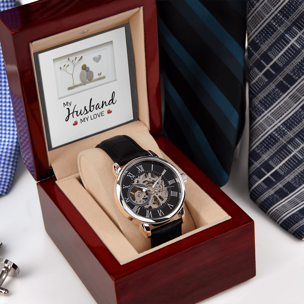 My Husband my Love Men's Openwork Watch With Mahogany Box-Express Your Love Gifts