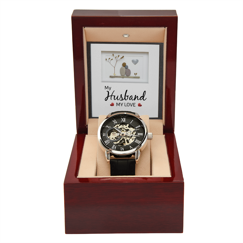 My Husband my Love Men's Openwork Watch With Mahogany Box-Express Your Love Gifts