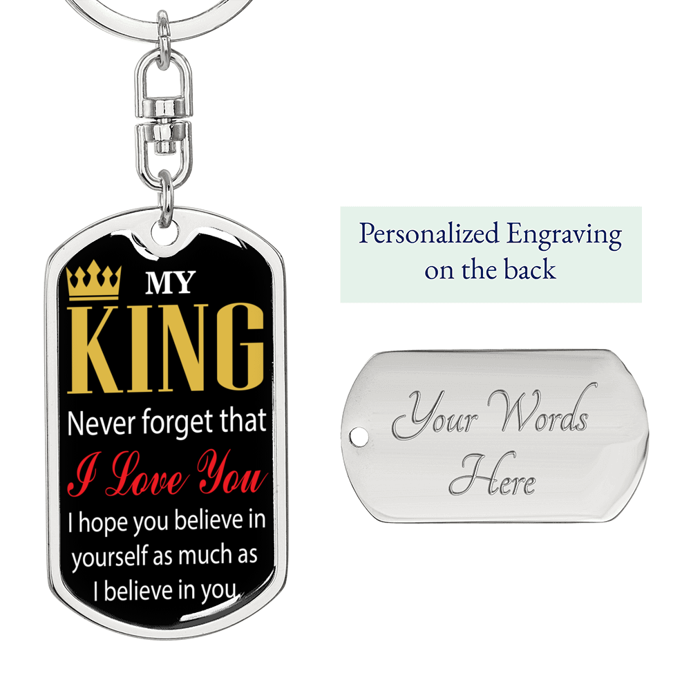 My King Keychain Stainless Steel or 18k Gold Dog Tag Keyring-Express Your Love Gifts