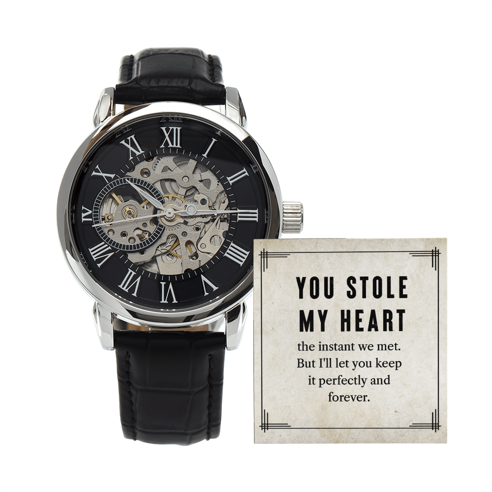 My Man You Stole My Heart Men's Openwork Watch With Message Card in Mahogany Box-Express Your Love Gifts
