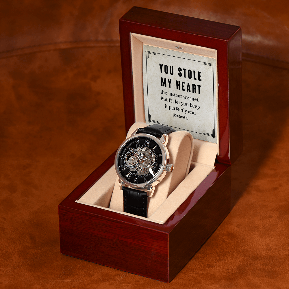 My Man You Stole My Heart Men's Openwork Watch With Message Card in Mahogany Box-Express Your Love Gifts