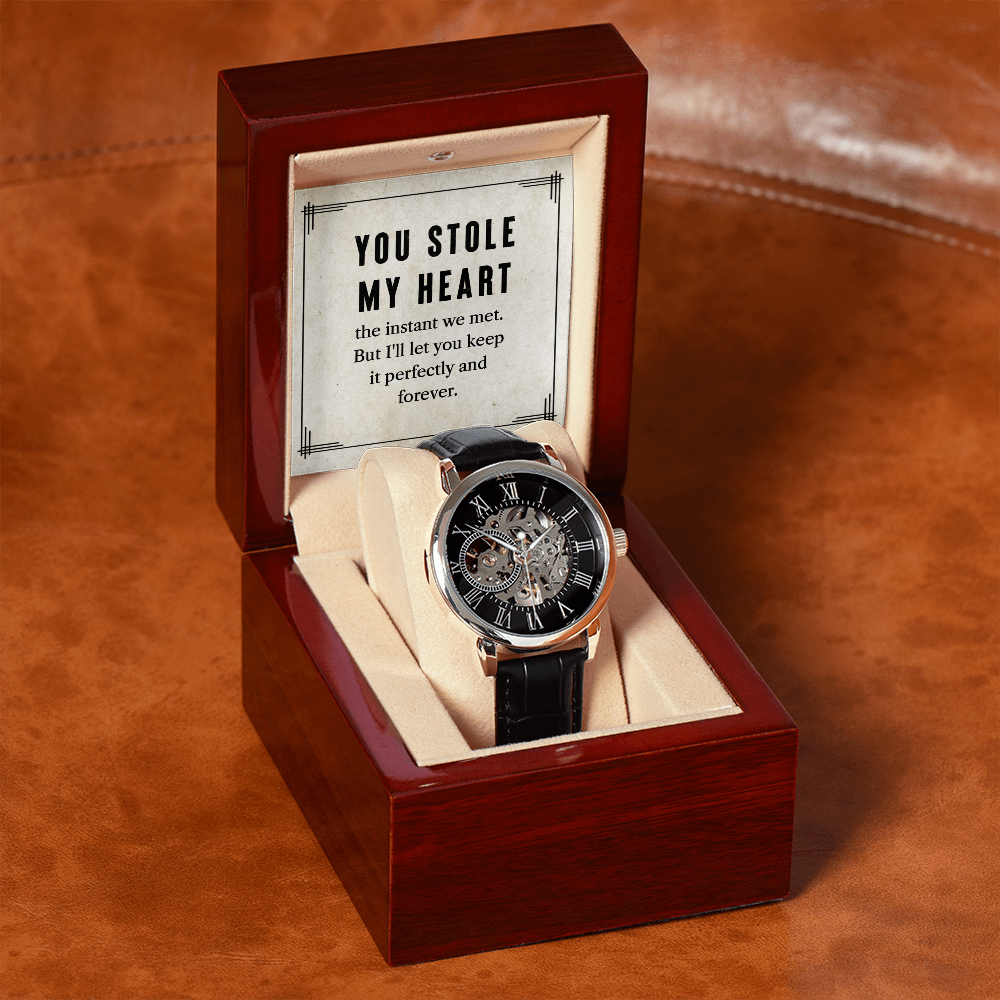 My Man You Stole My Heart Men's Openwork Watch With Message Card in Mahogany Box-Express Your Love Gifts