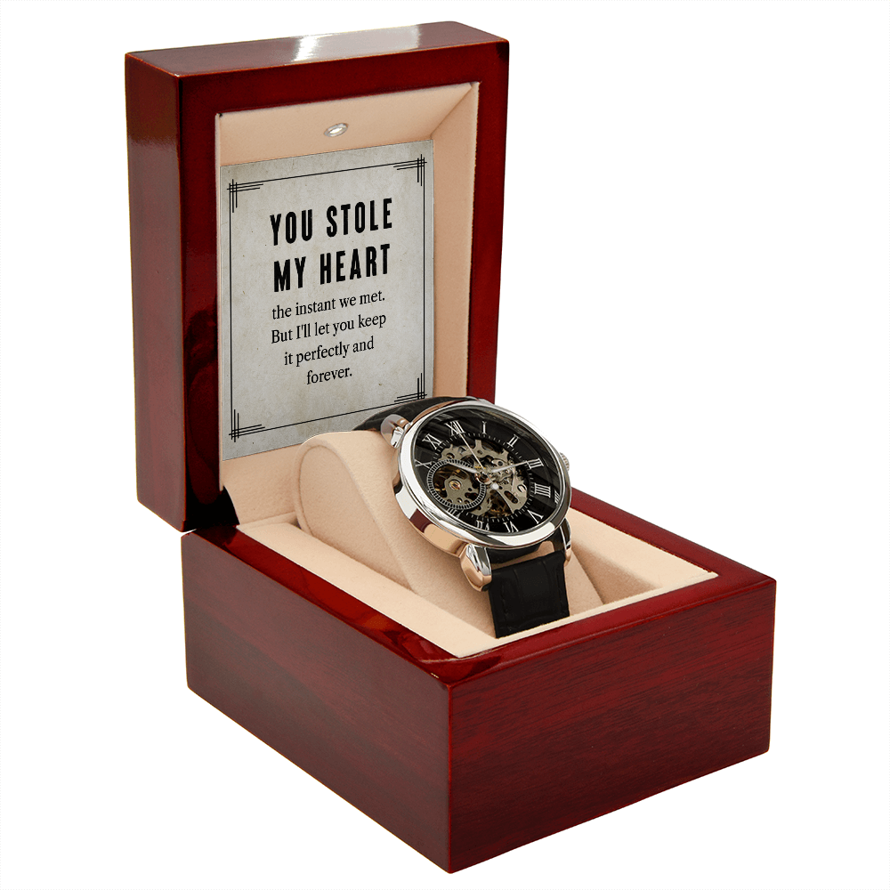 My Man You Stole My Heart Men's Openwork Watch With Message Card in Mahogany Box-Express Your Love Gifts