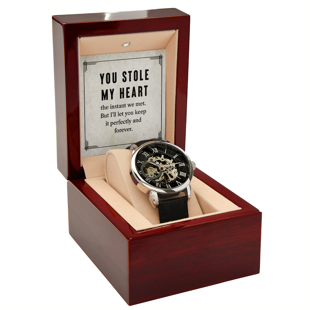 My Man You Stole My Heart Men's Openwork Watch With Message Card in Mahogany Box-Express Your Love Gifts