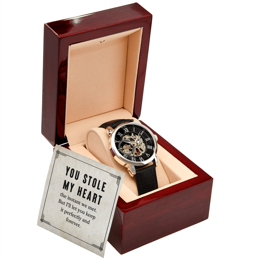 My Man You Stole My Heart Men's Openwork Watch With Message Card in Mahogany Box-Express Your Love Gifts