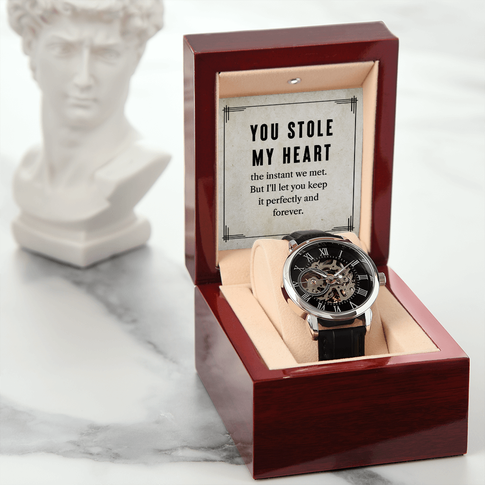 My Man You Stole My Heart Men's Openwork Watch With Message Card in Mahogany Box-Express Your Love Gifts