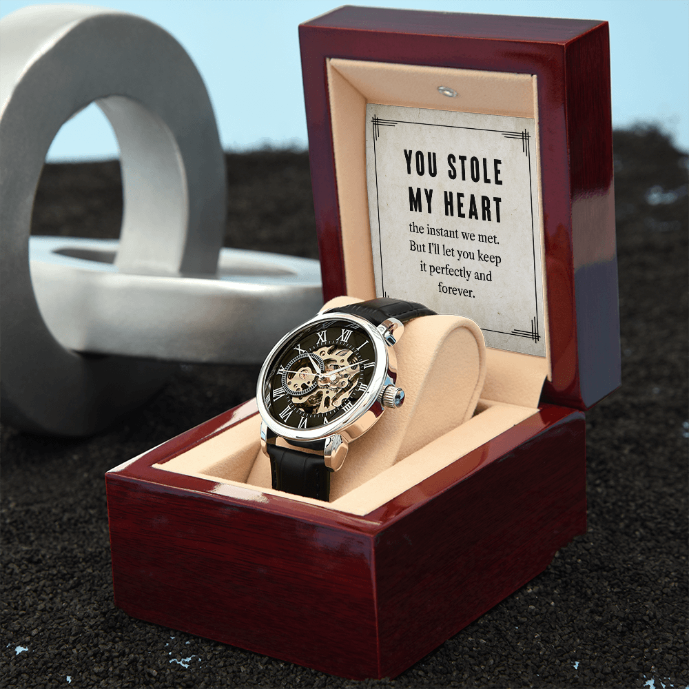 My Man You Stole My Heart Men's Openwork Watch With Message Card in Mahogany Box-Express Your Love Gifts