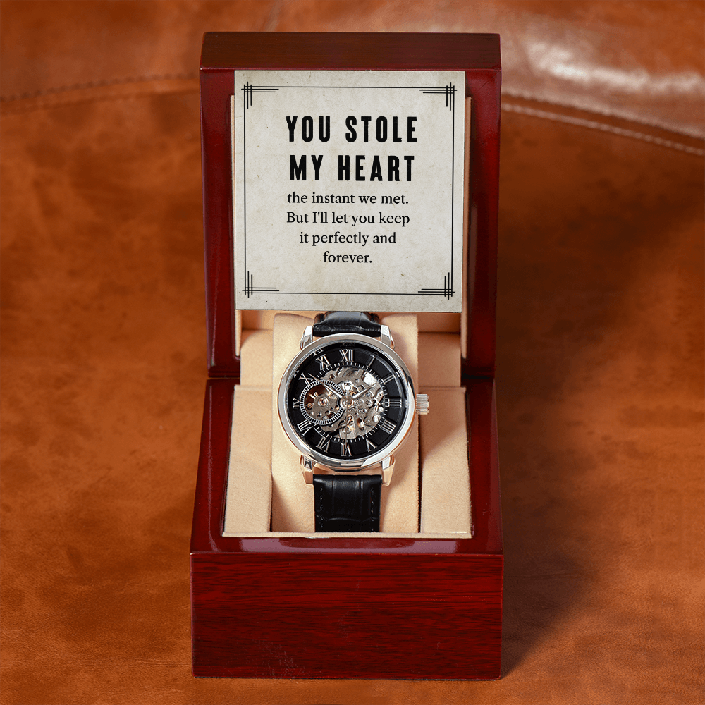 My Man You Stole My Heart Men's Openwork Watch With Message Card in Mahogany Box-Express Your Love Gifts