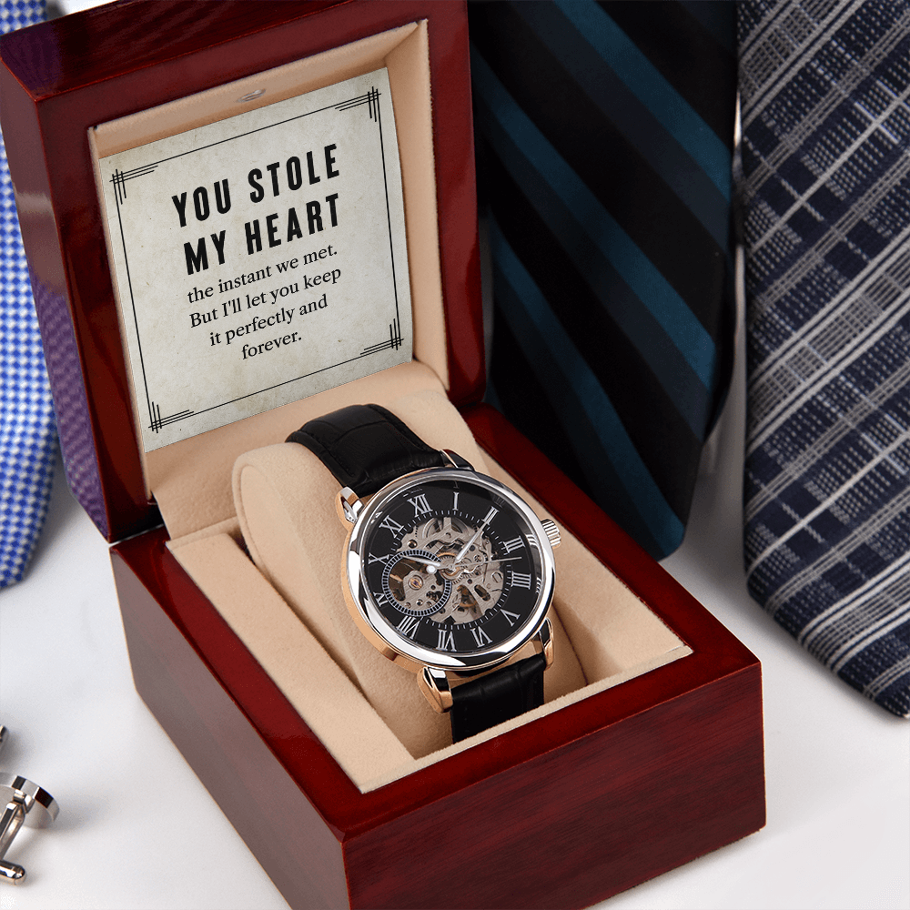 My Man You Stole My Heart Men's Openwork Watch With Message Card in Mahogany Box-Express Your Love Gifts