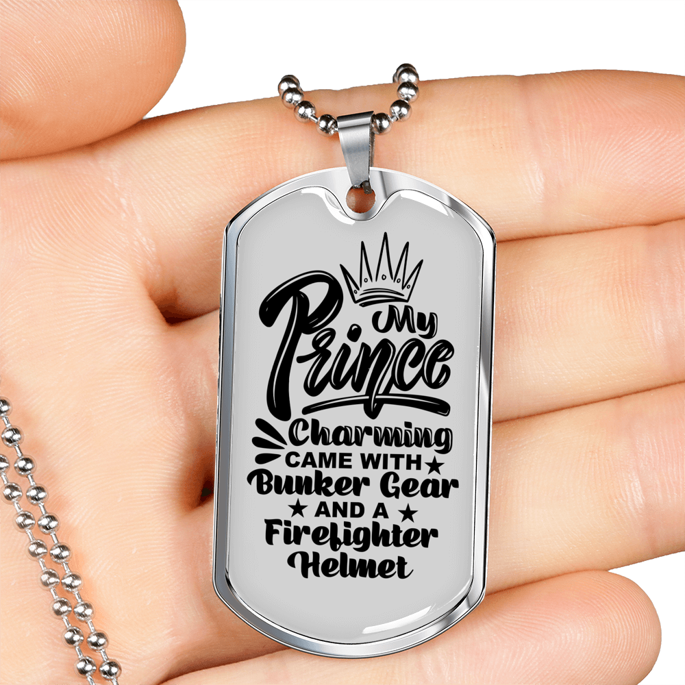 My Prince Charming Firefighter Gift Stainless Steel or 18k Gold Dog Tag 24" Chain-Express Your Love Gifts