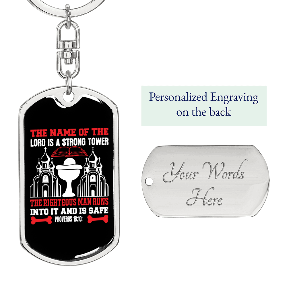 Name Of The Lord Proverbs 18:10 Keychain Stainless Steel or 18k Gold Dog Tag Keyring-Express Your Love Gifts