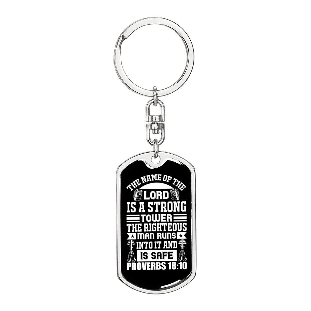 Name Of The Lord Proverbs 18:10 White Keychain Stainless Steel or 18k Gold Dog Tag Keyring-Express Your Love Gifts
