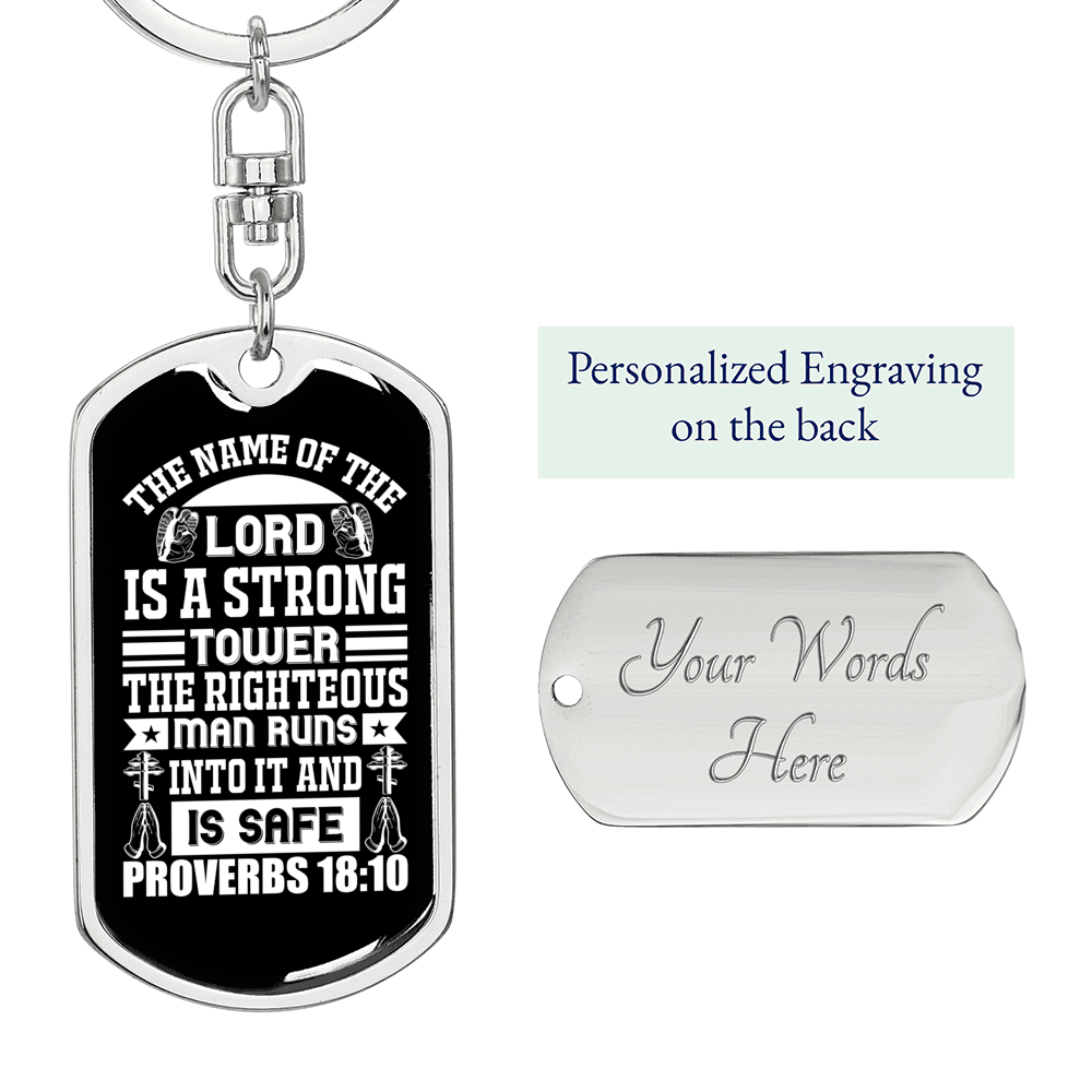 Name Of The Lord Proverbs 18:10 White Keychain Stainless Steel or 18k Gold Dog Tag Keyring-Express Your Love Gifts