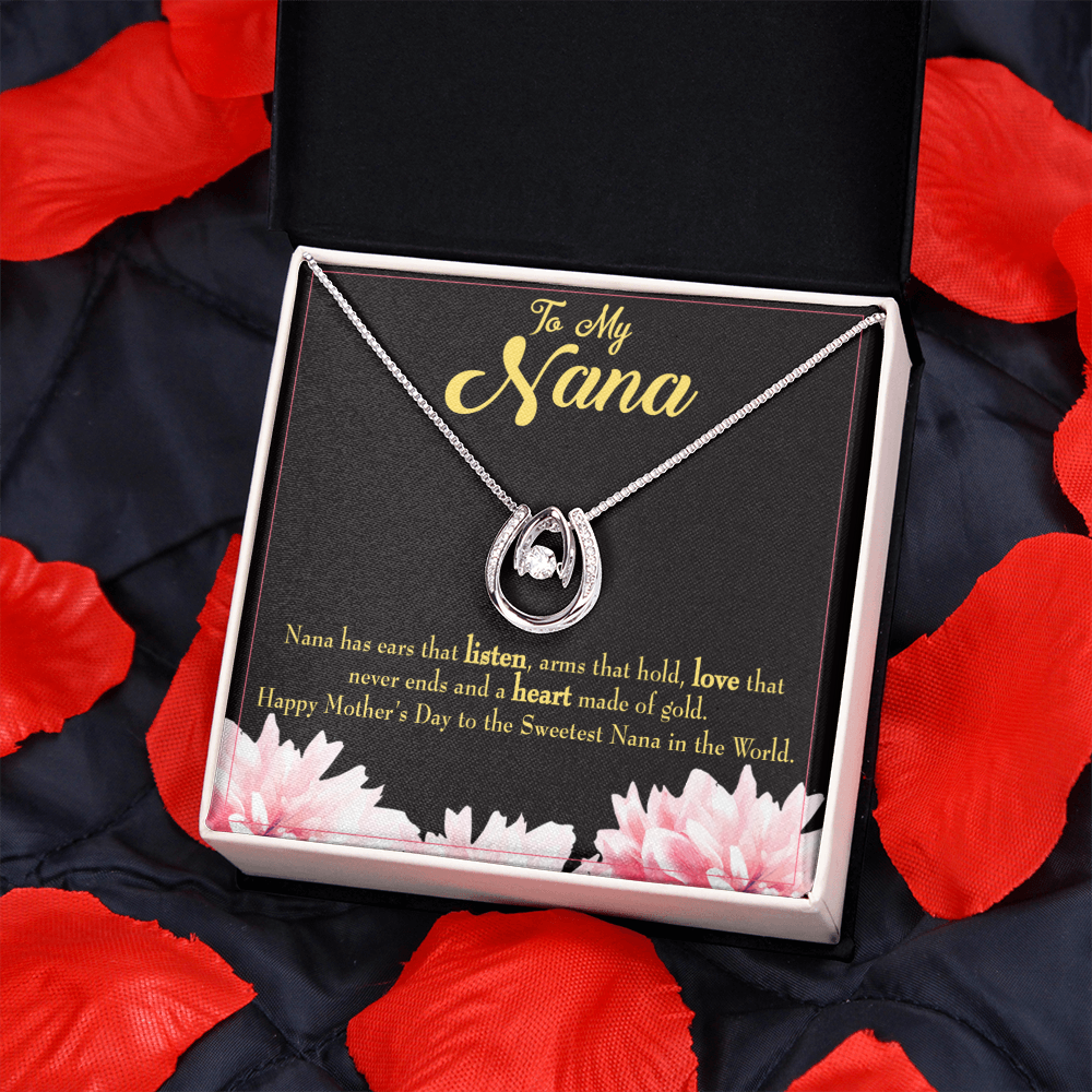 Nana Gfit Lucky Horseshoe Necklace Message Card 14k w CZ Crystals-Express Your Love Gifts