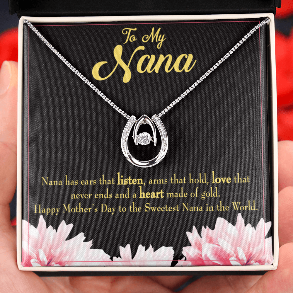 Nana Gfit Lucky Horseshoe Necklace Message Card 14k w CZ Crystals-Express Your Love Gifts