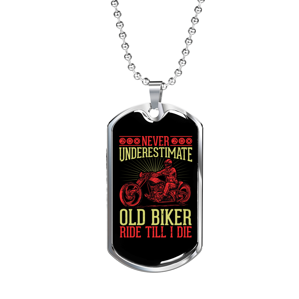 Never Understimate Old Biker Necklace Stainless Steel or 18k Gold Dog Tag 24" Chain-Express Your Love Gifts
