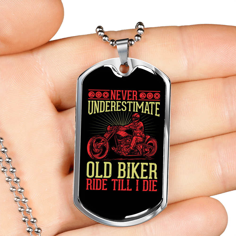 Never Understimate Old Biker Necklace Stainless Steel or 18k Gold Dog Tag 24" Chain-Express Your Love Gifts