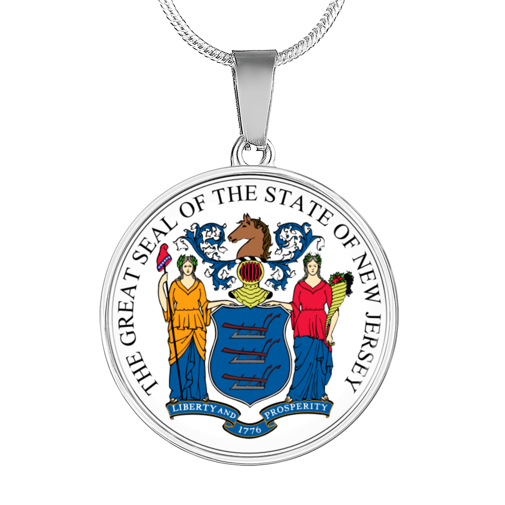 New Jersey State Seal Necklace Circle Pendant Stainless Steel or 18k Gold 18-22"-Express Your Love Gifts