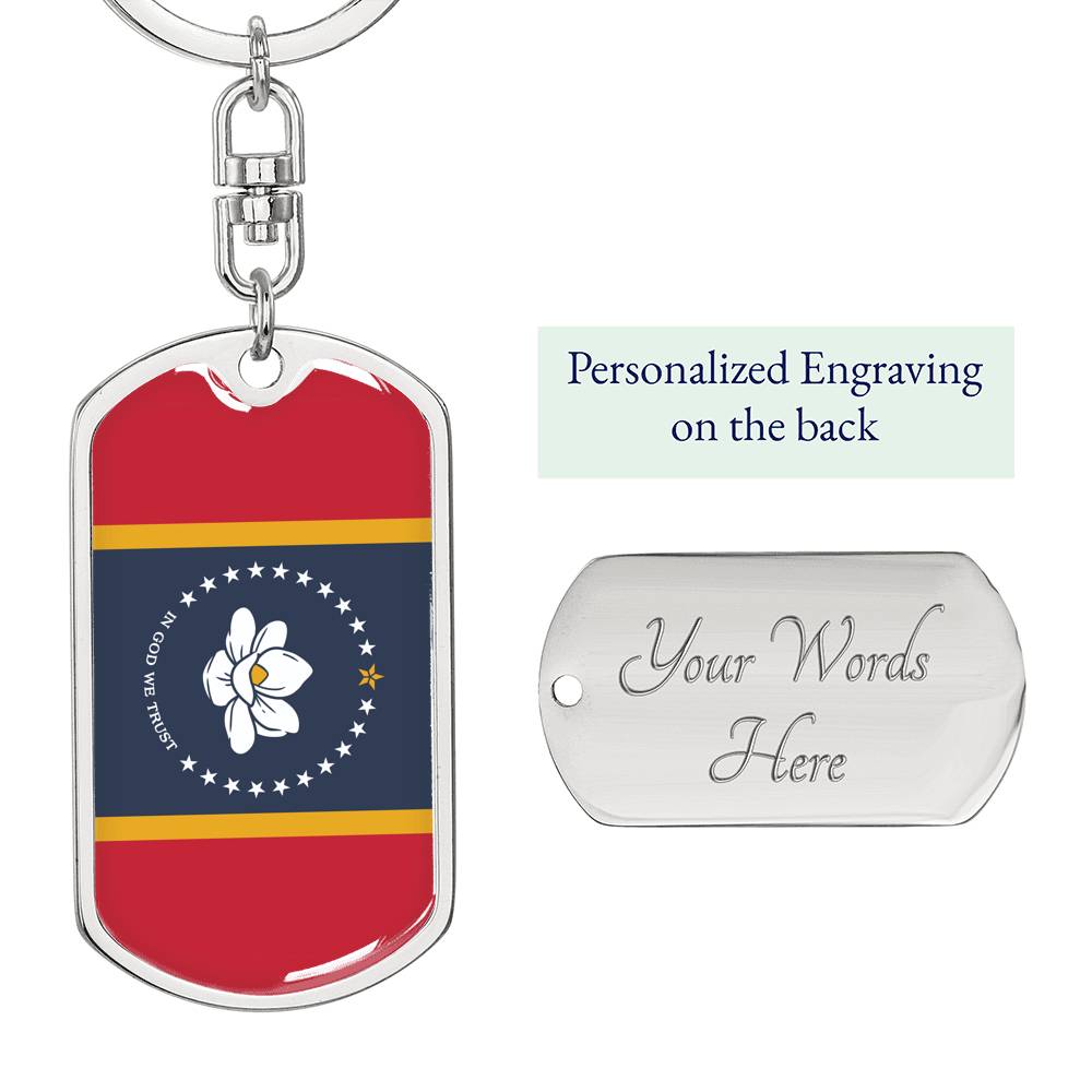 New Mississippi Magnolia Flag Keychain Dog Tag Stainless Steel or 18k Gold-Express Your Love Gifts
