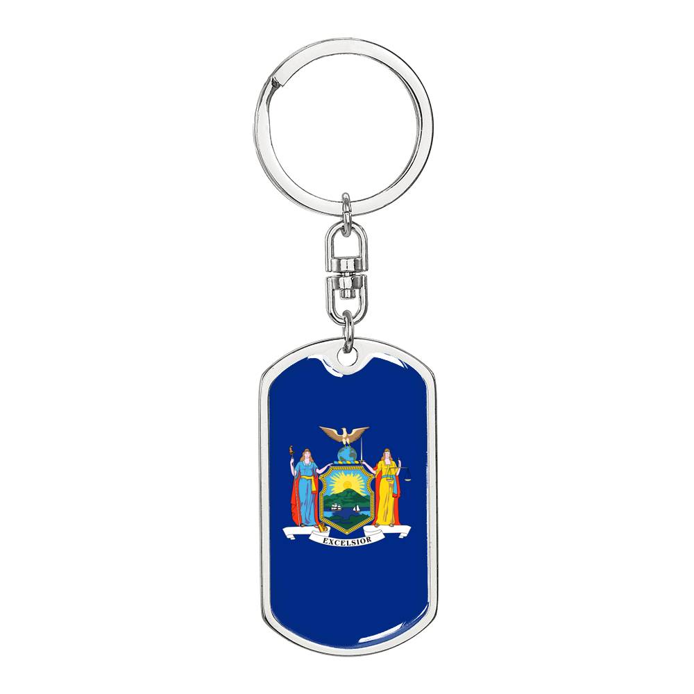 New York State Flag Keychain Dog Tag Stainless Steel or 18k Gold-Express Your Love Gifts