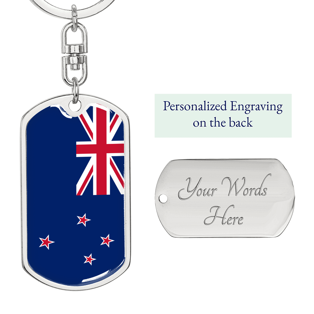 New Zealand Flag Swivel Keychain Dog Tag Stainless Steel or 18k Gold-Express Your Love Gifts