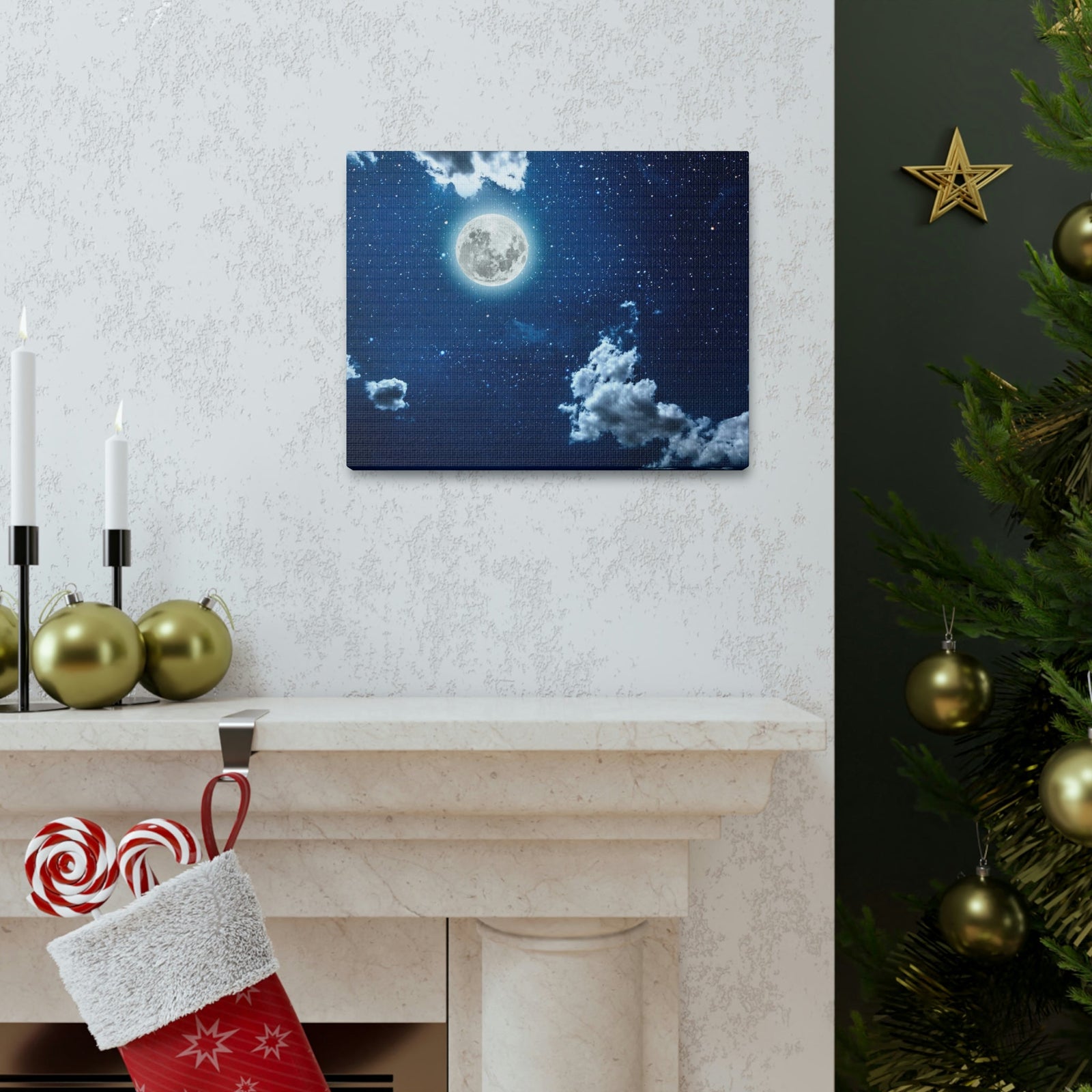 Night Sky With Stars Scene Beautiful Moon and Clouds Beauty Nature Scene Shining Bright Nature Wall Art Ready to Hang Unframed-Express Your Love Gifts